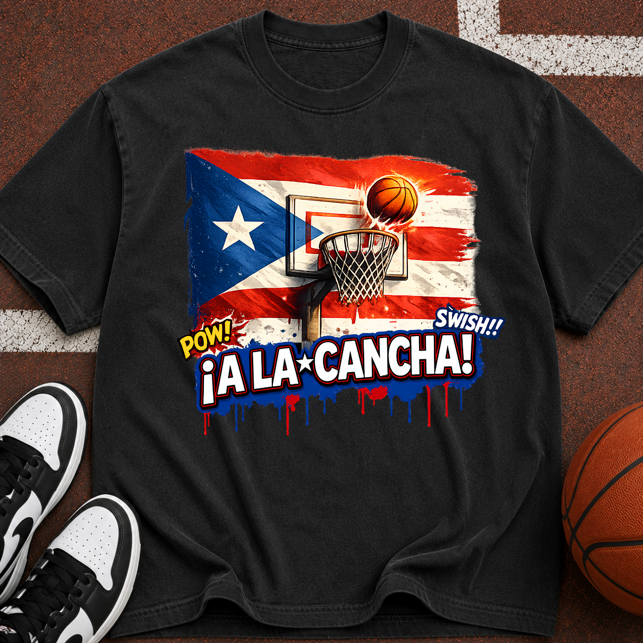 Puerto Rico Basketball Flag graphic T-Shirt | ¡A La Cancha! street art design