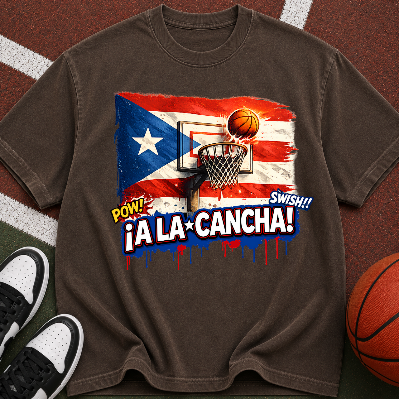 Puerto Rico Basketball Flag graphic T-Shirt | ¡A La Cancha! street art design