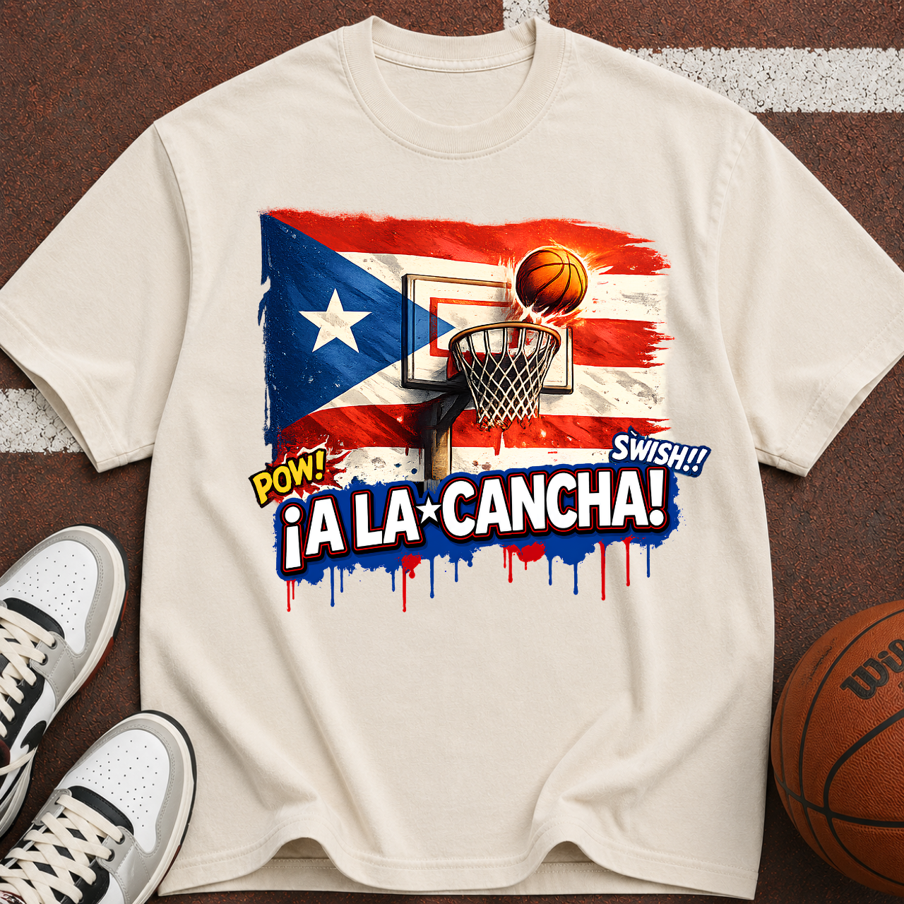 Puerto Rico Basketball Flag graphic T-Shirt | ¡A La Cancha! street art design