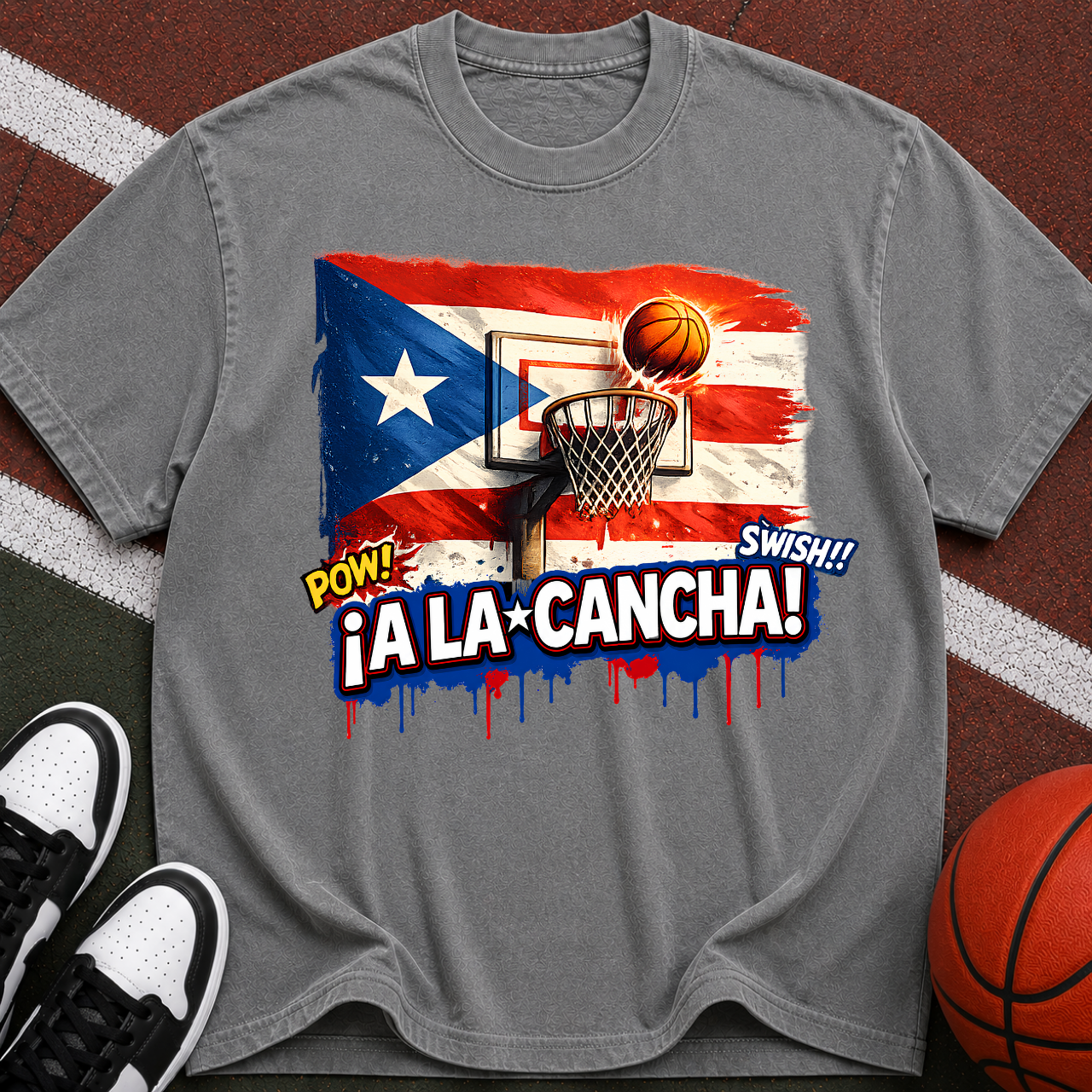 Puerto Rico Basketball Flag graphic T-Shirt | ¡A La Cancha! street art design