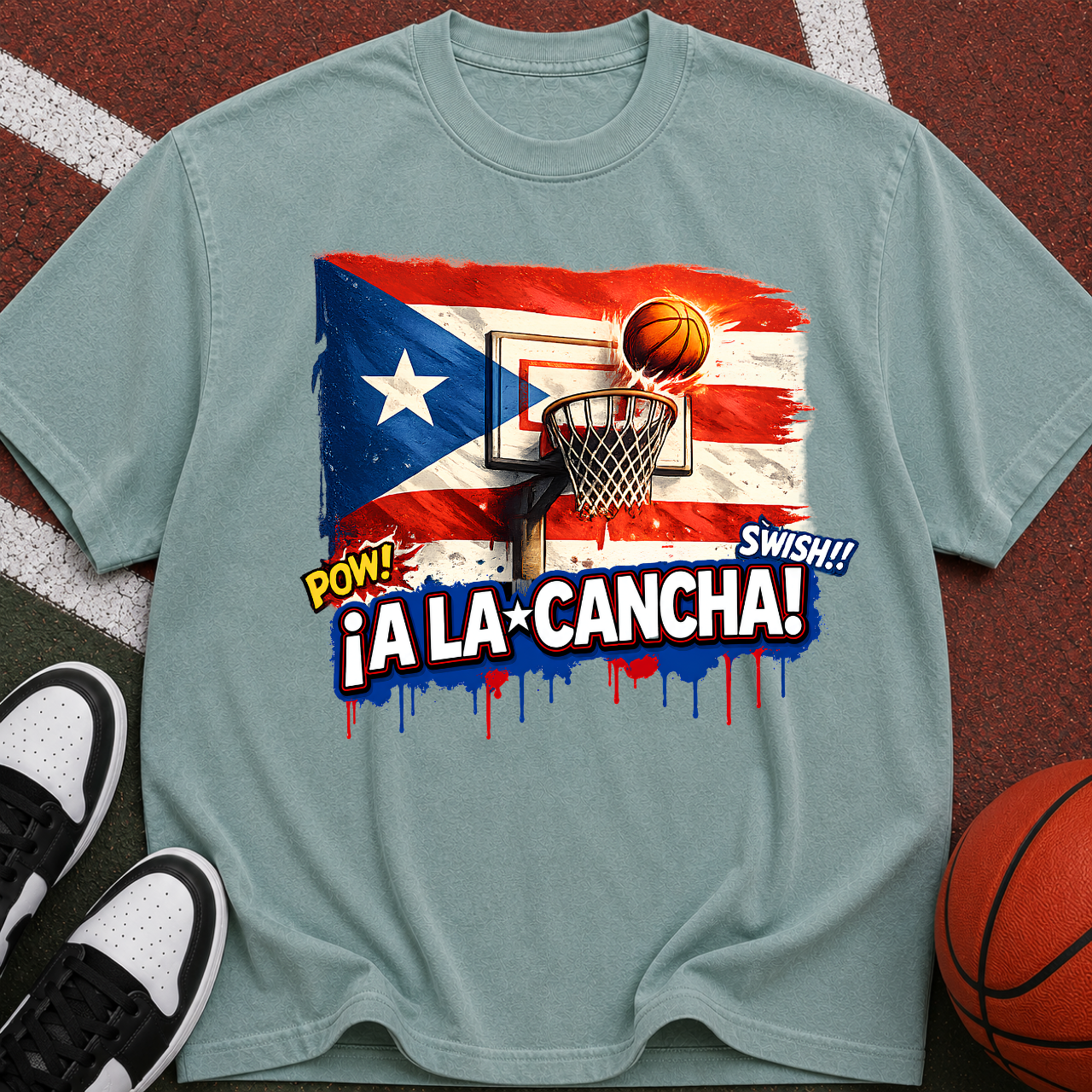 Puerto Rico Basketball Flag graphic T-Shirt | ¡A La Cancha! street art design