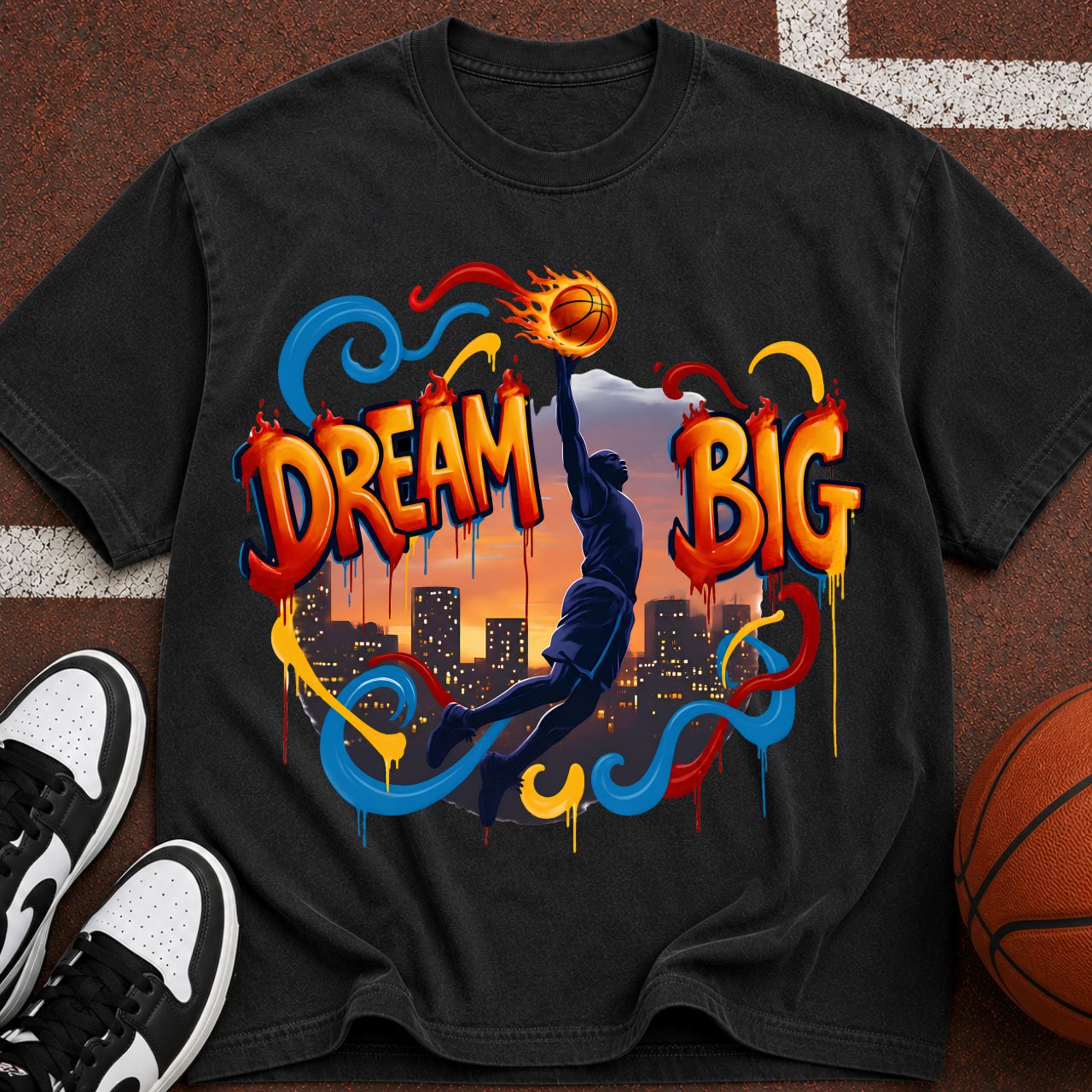 Dream Big Basketball silhouette T-Shirt | Urban sunset hoop design