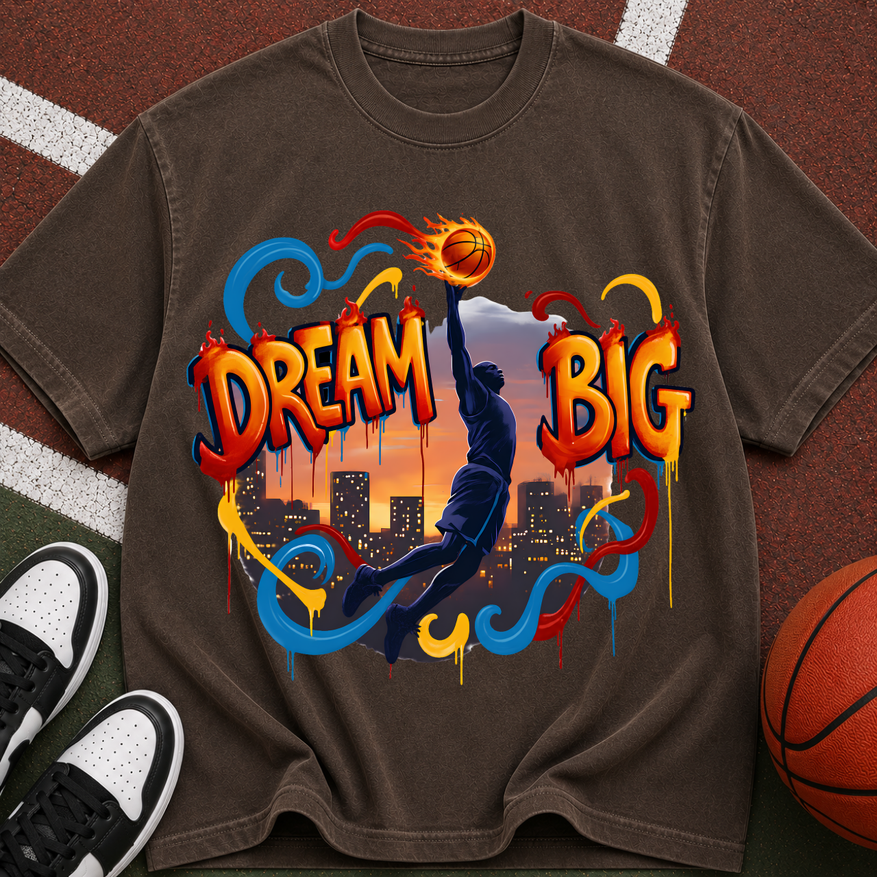 Dream Big Basketball silhouette T-Shirt | Urban sunset hoop design