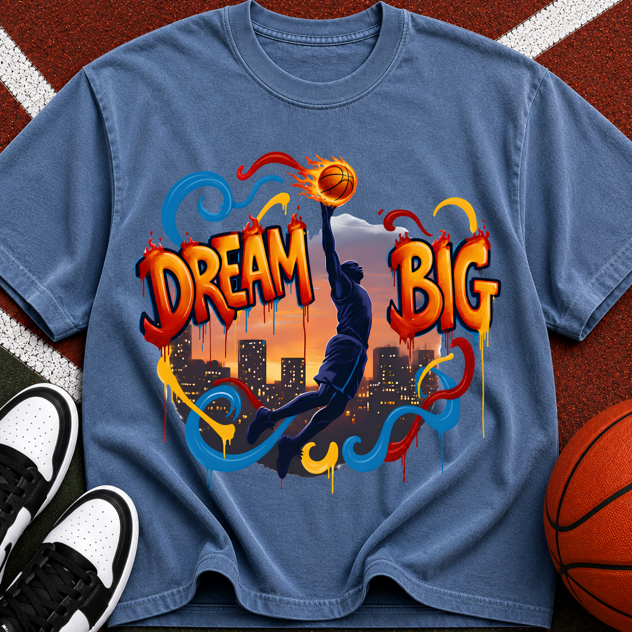 Dream Big Basketball silhouette T-Shirt | Urban sunset hoop design