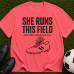 She Runs This Field Soccer T-Shirt — Women's Soccer Coach & Player Gift