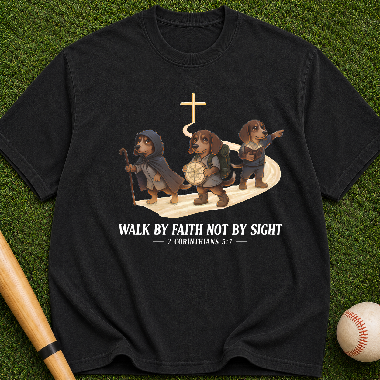 Faith Walk Dachshund T-Shirt — "Walk by Faith Not by Sight" Christian Tee