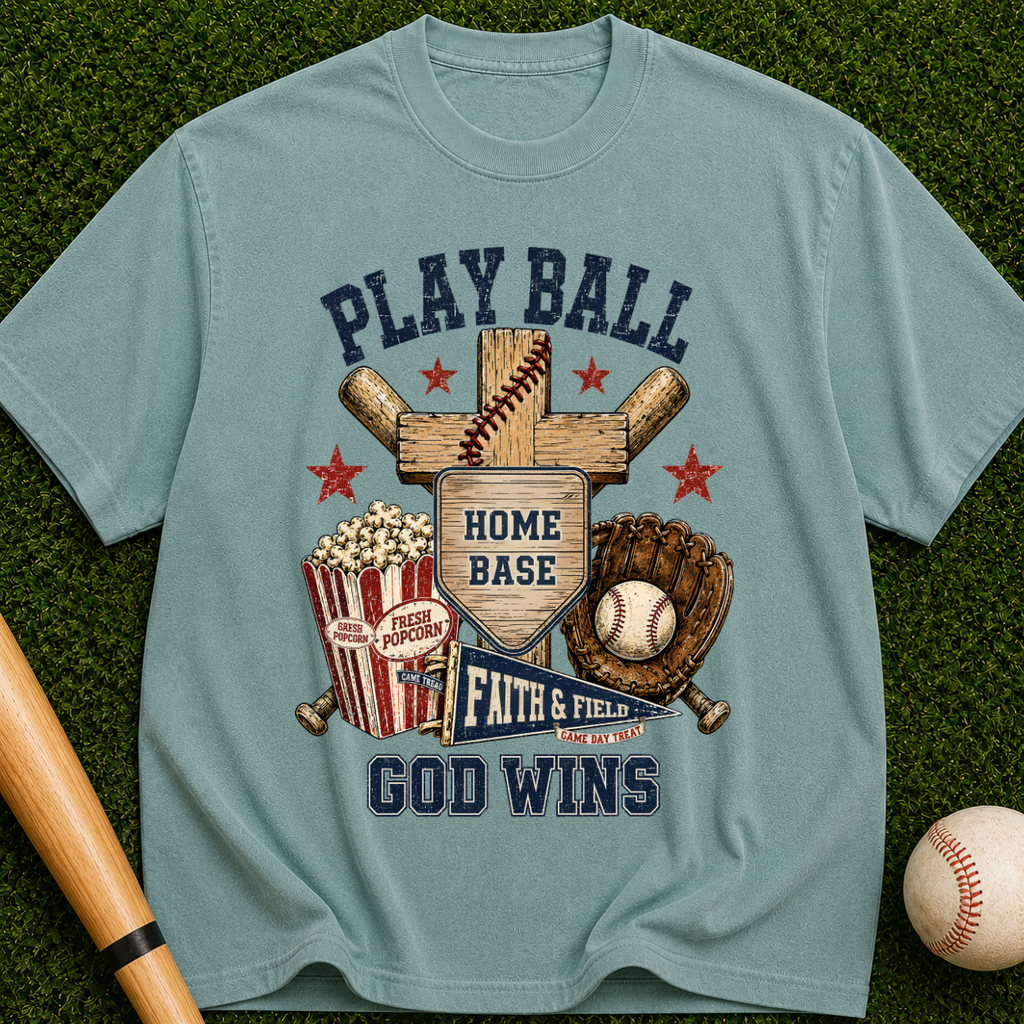 Play Ball God Wins T-Shirt — Baseball Home Base Faith & Family Graphic Tee