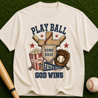 Play Ball God Wins T-Shirt — Baseball Home Base Faith & Family Graphic Tee