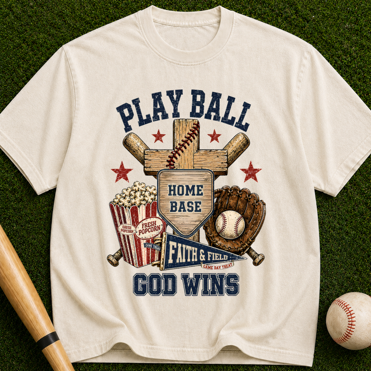 Play Ball God Wins T-Shirt — Baseball Home Base Faith & Family Graphic Tee