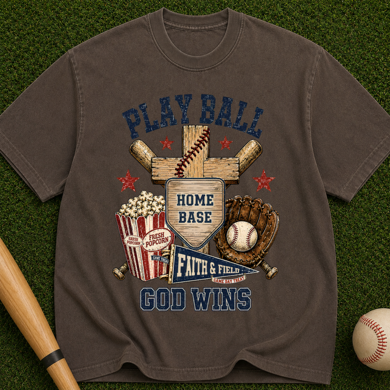 Play Ball God Wins T-Shirt — Baseball Home Base Faith & Family Graphic Tee