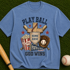 Play Ball God Wins T-Shirt — Baseball Home Base Faith & Family Graphic Tee