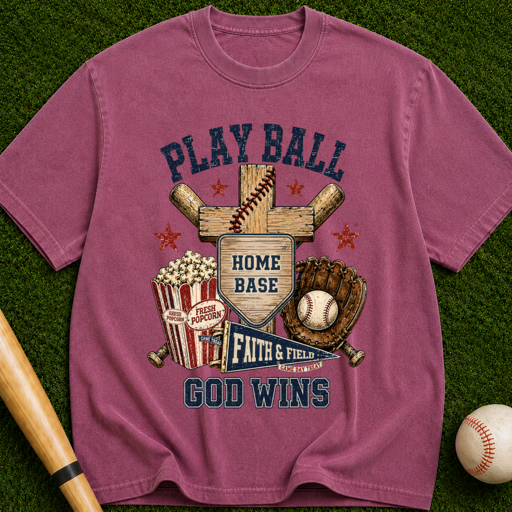 Play Ball God Wins T-Shirt — Baseball Home Base Faith & Family Graphic Tee