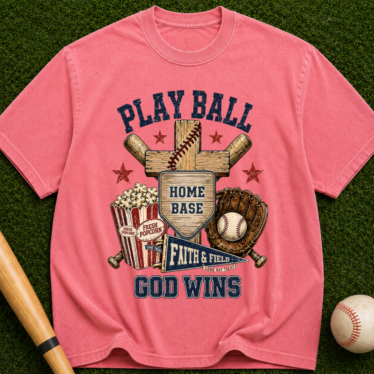 Play Ball God Wins T-Shirt — Baseball Home Base Faith & Family Graphic Tee