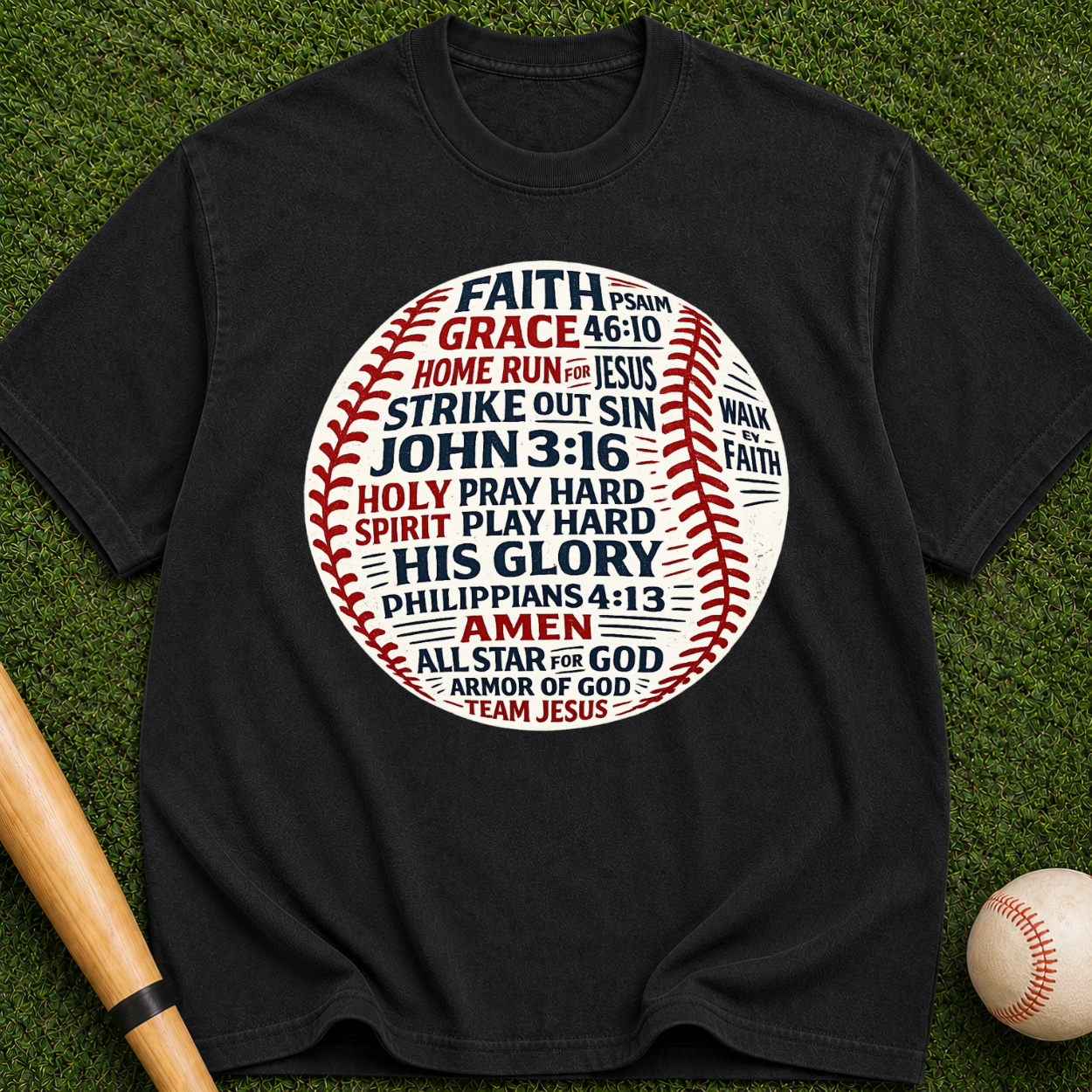 Faith & Baseball Word Art T-Shirt — John 3:16 Christian Sports Tee