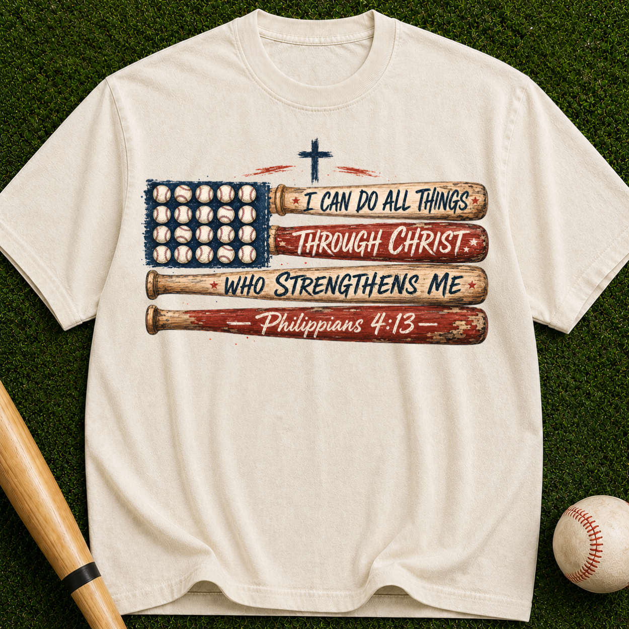 Philippians 4:13 Baseball Flag T-Shirt — I Can Do All Things Christian Tee