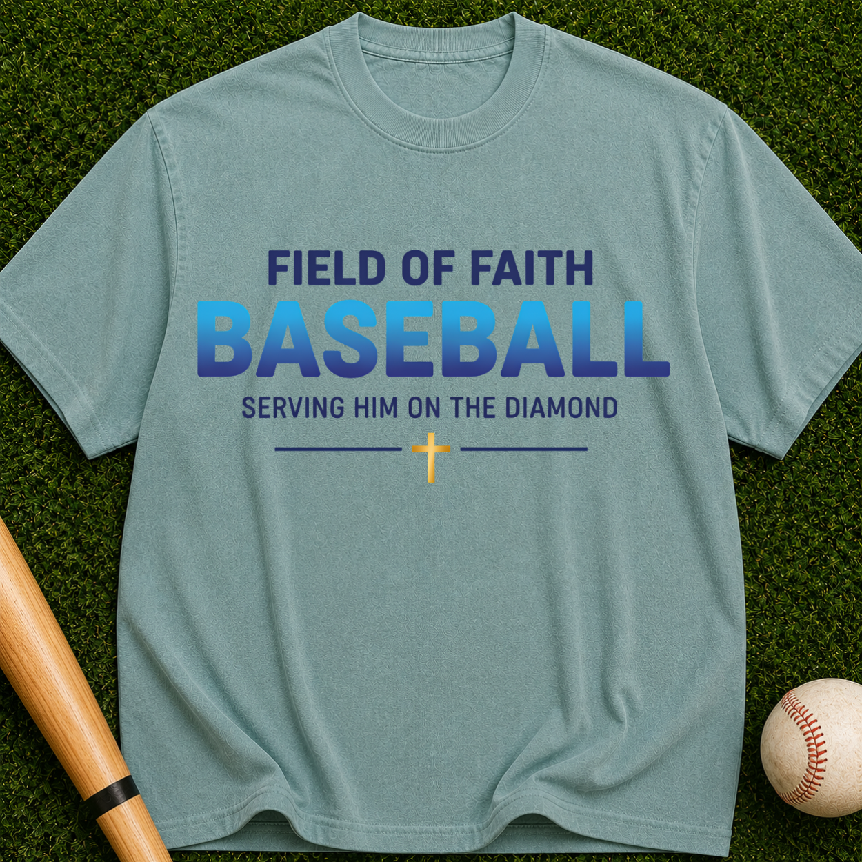 Field of Faith Baseball — "Serving Him on the Diamond" Christian Baseball Tee