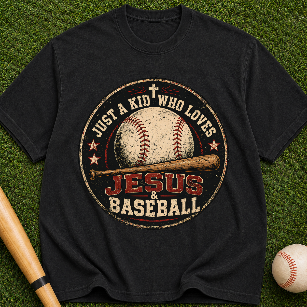Jesus & Baseball T-Shirt — "Just a Kid Who Loves Jesus & Baseball" Vintage Tee