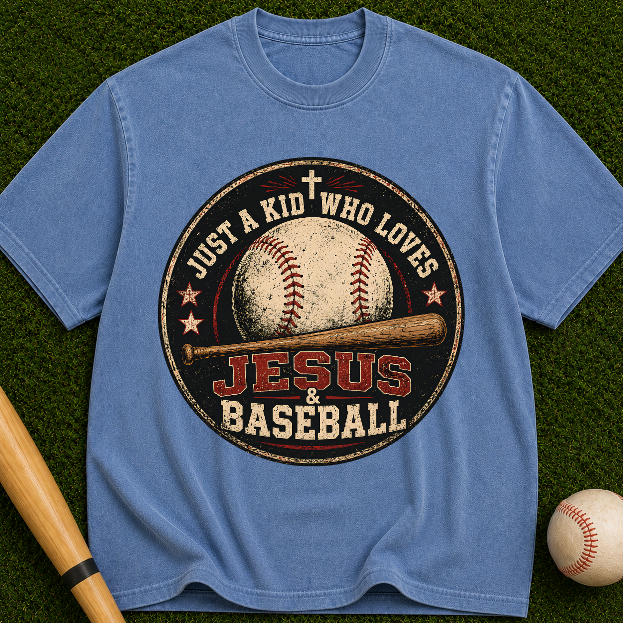 Jesus & Baseball T-Shirt — "Just a Kid Who Loves Jesus & Baseball" Vintage Tee