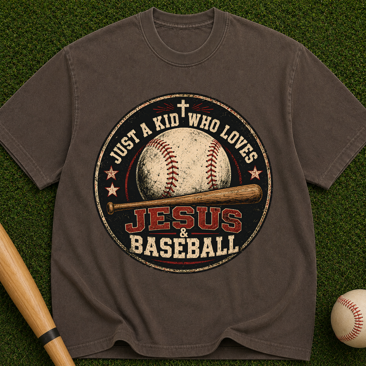 Jesus & Baseball T-Shirt — "Just a Kid Who Loves Jesus & Baseball" Vintage Tee