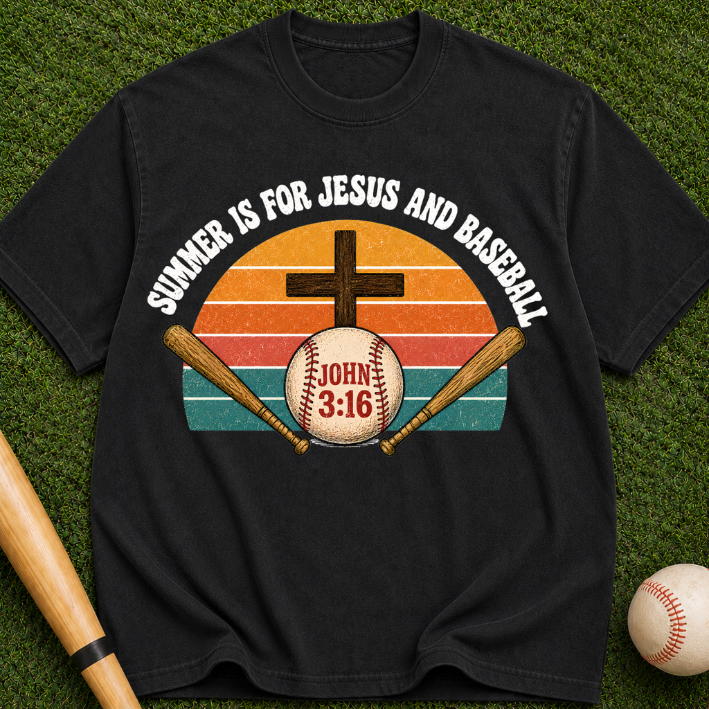 Christian Baseball T-Shirt — "Summer Is For Jesus and Baseball" (John 3:16)