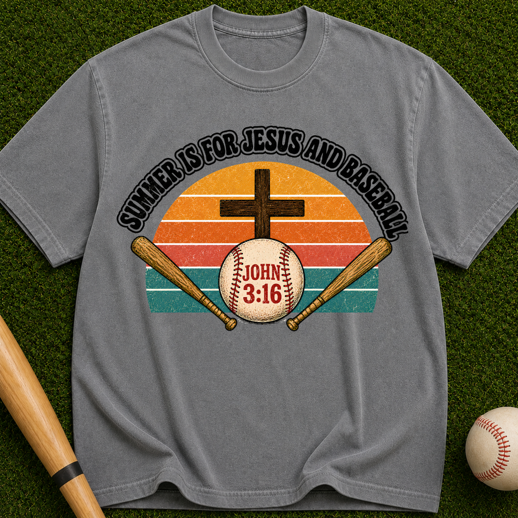 Christian Baseball T-Shirt — "Summer Is For Jesus and Baseball" (John 3:16)