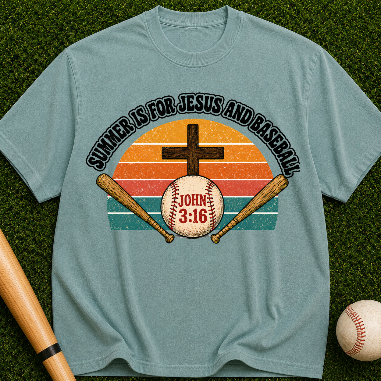 Christian Baseball T-Shirt — "Summer Is For Jesus and Baseball" (John 3:16)