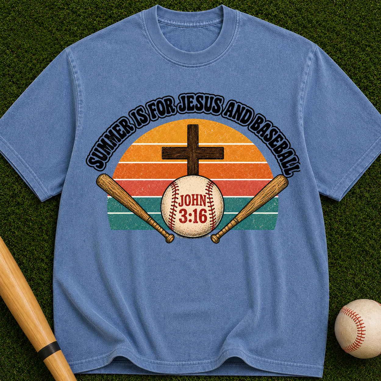 Christian Baseball T-Shirt — "Summer Is For Jesus and Baseball" (John 3:16)