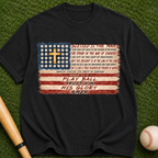 Christian Baseball American Flag T-Shirt — "Play Ball His Glory"