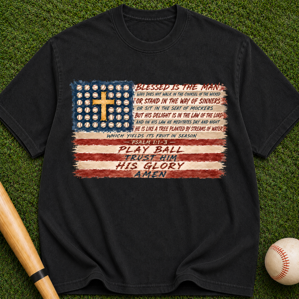 Christian Baseball American Flag T-Shirt — "Play Ball His Glory"