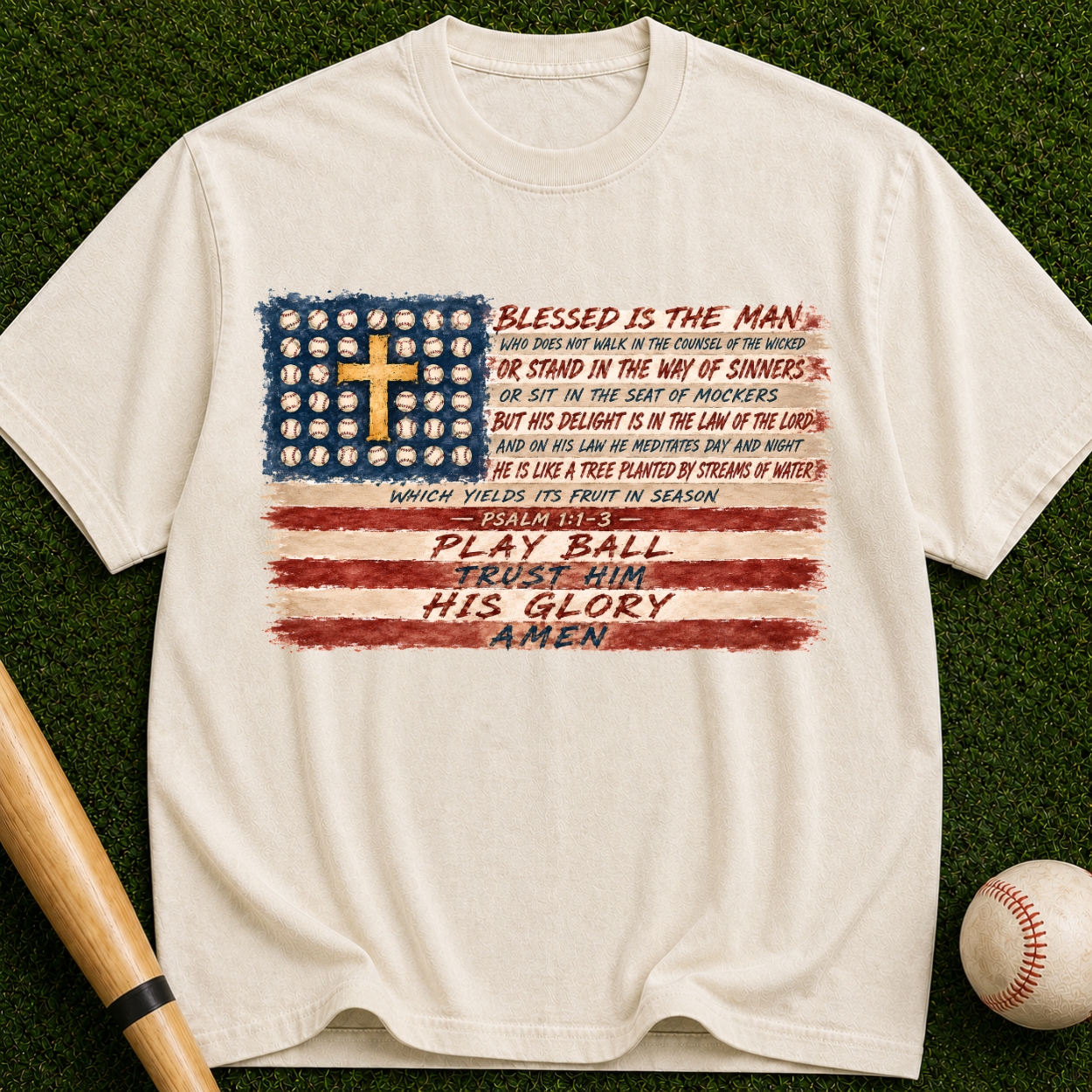 Christian Baseball American Flag T-Shirt — "Play Ball His Glory"