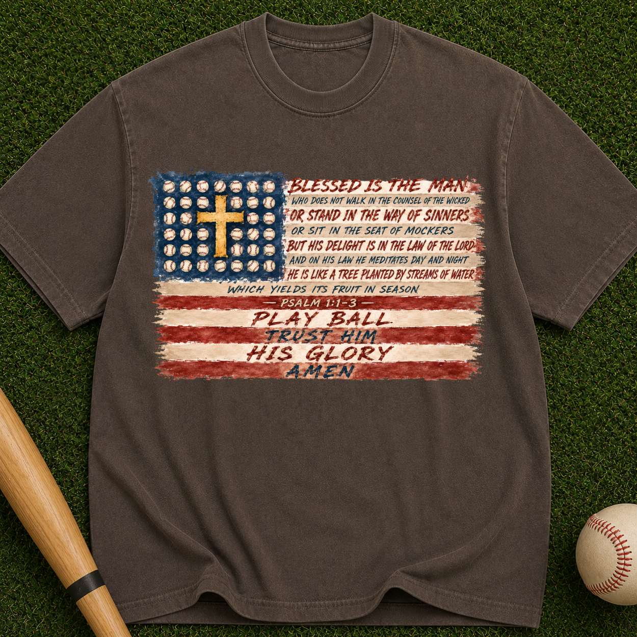 Christian Baseball American Flag T-Shirt — "Play Ball His Glory"