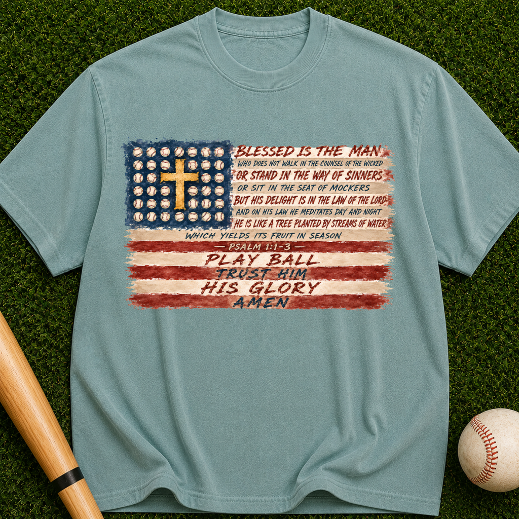 Christian Baseball American Flag T-Shirt — "Play Ball His Glory"