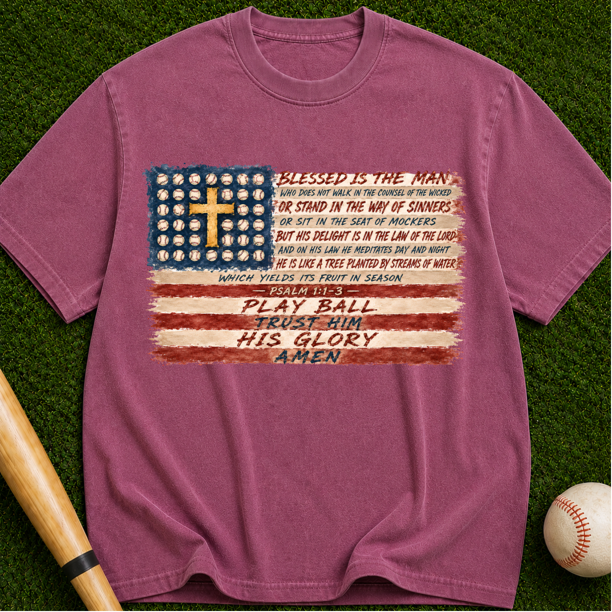 Christian Baseball American Flag T-Shirt — "Play Ball His Glory"