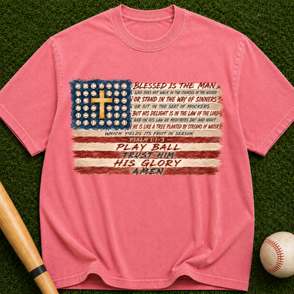 Christian Baseball American Flag T-Shirt — "Play Ball His Glory"
