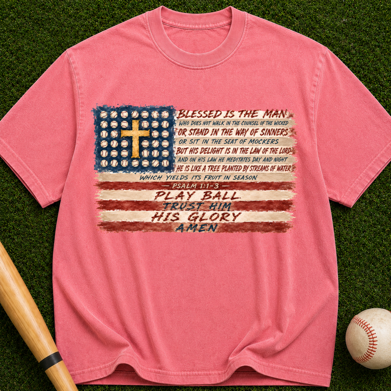 Christian Baseball American Flag T-Shirt — "Play Ball His Glory"