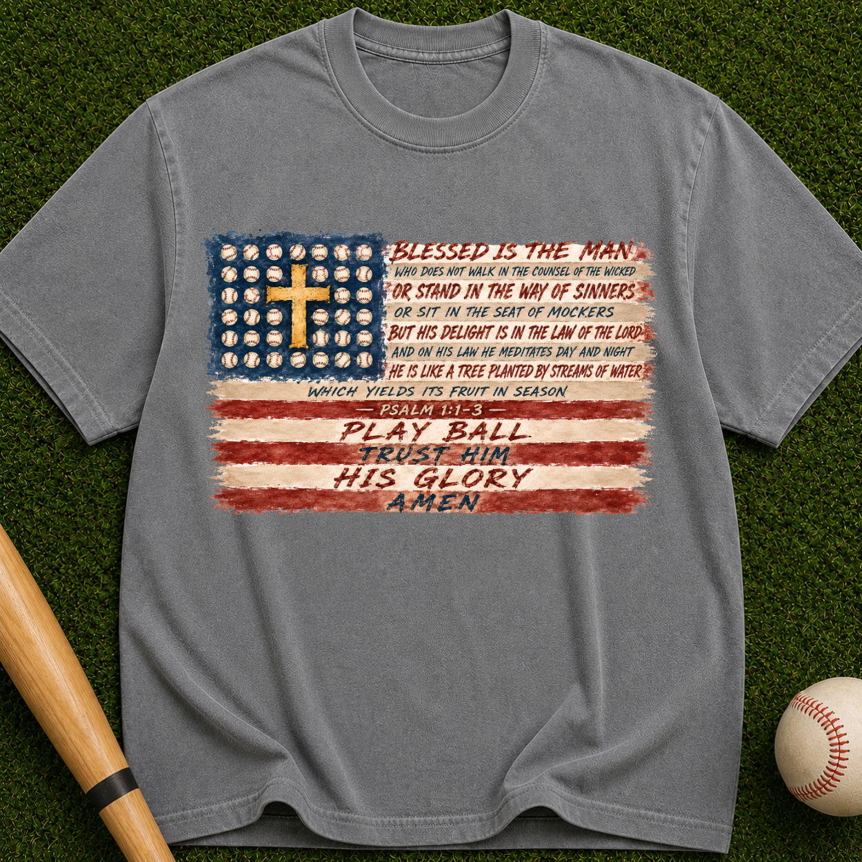 Christian Baseball American Flag T-Shirt — "Play Ball His Glory"