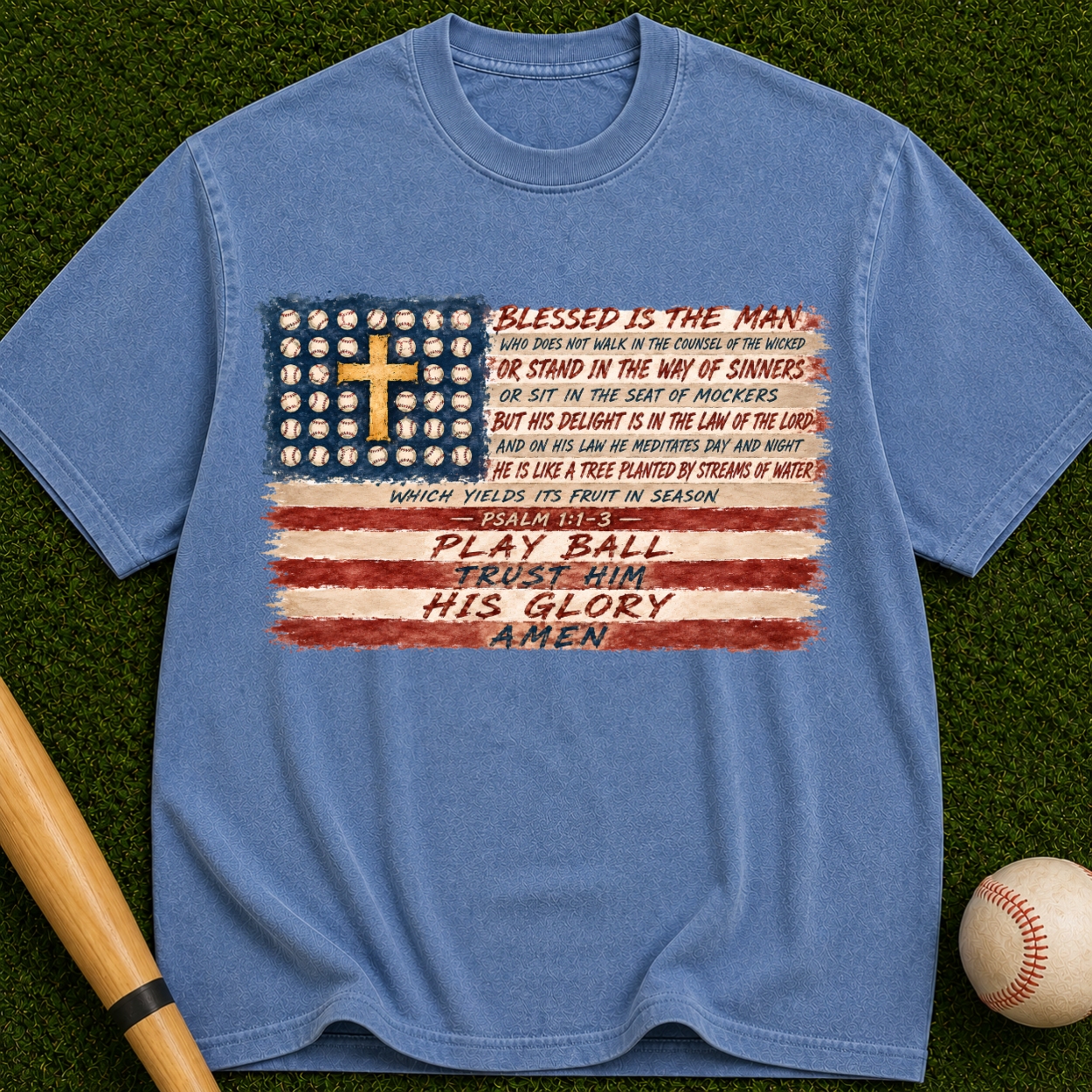 Christian Baseball American Flag T-Shirt — "Play Ball His Glory"