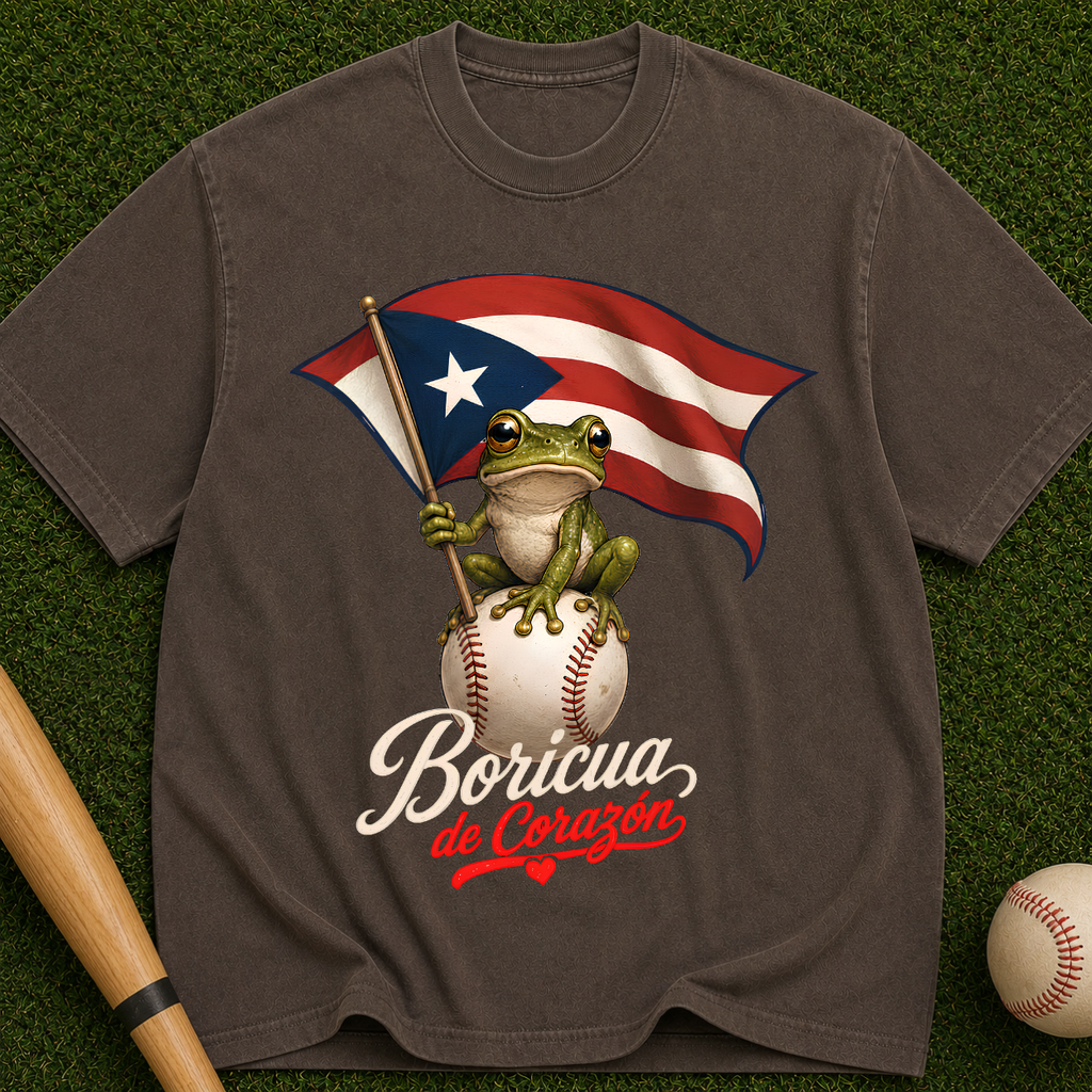 Boricua de Corazón T‑Shirt — Puerto Rican Flag Frog on Baseball