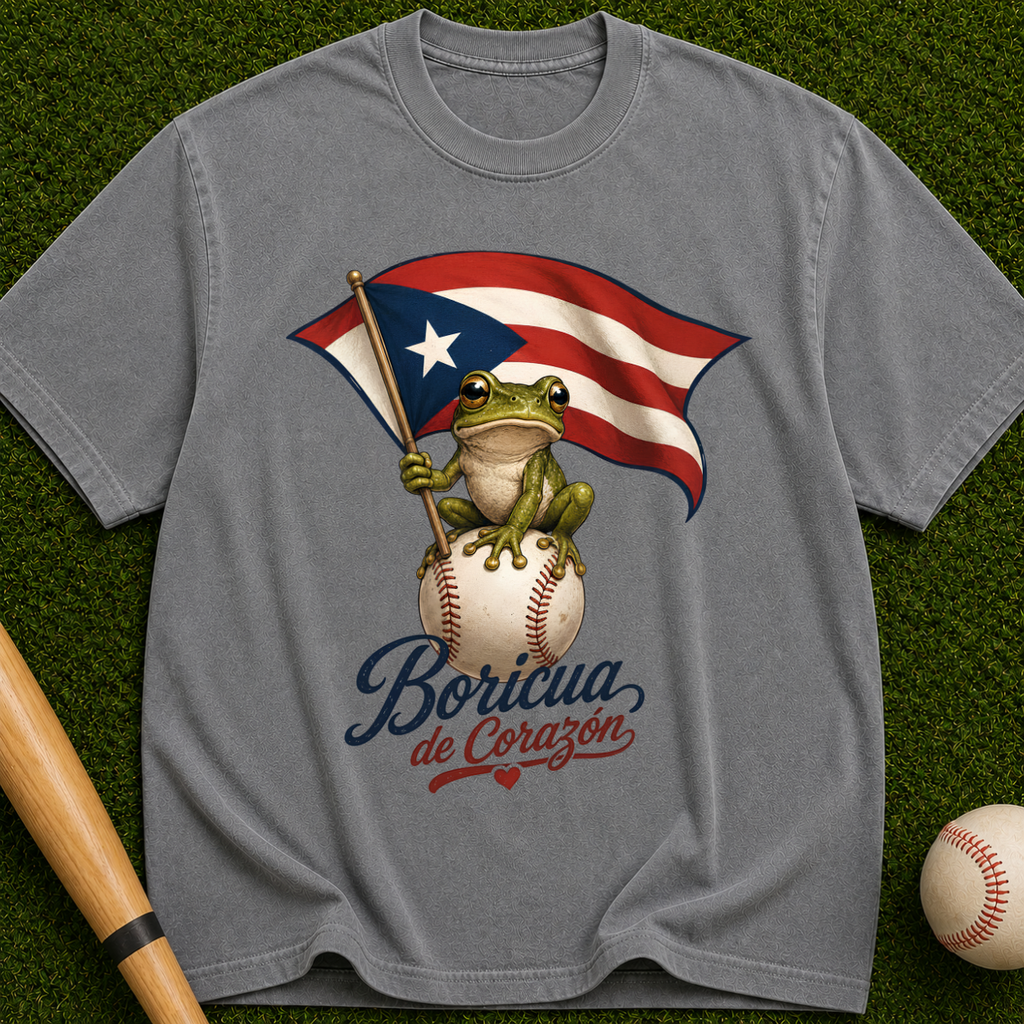Boricua de Corazón T‑Shirt — Puerto Rican Flag Frog on Baseball