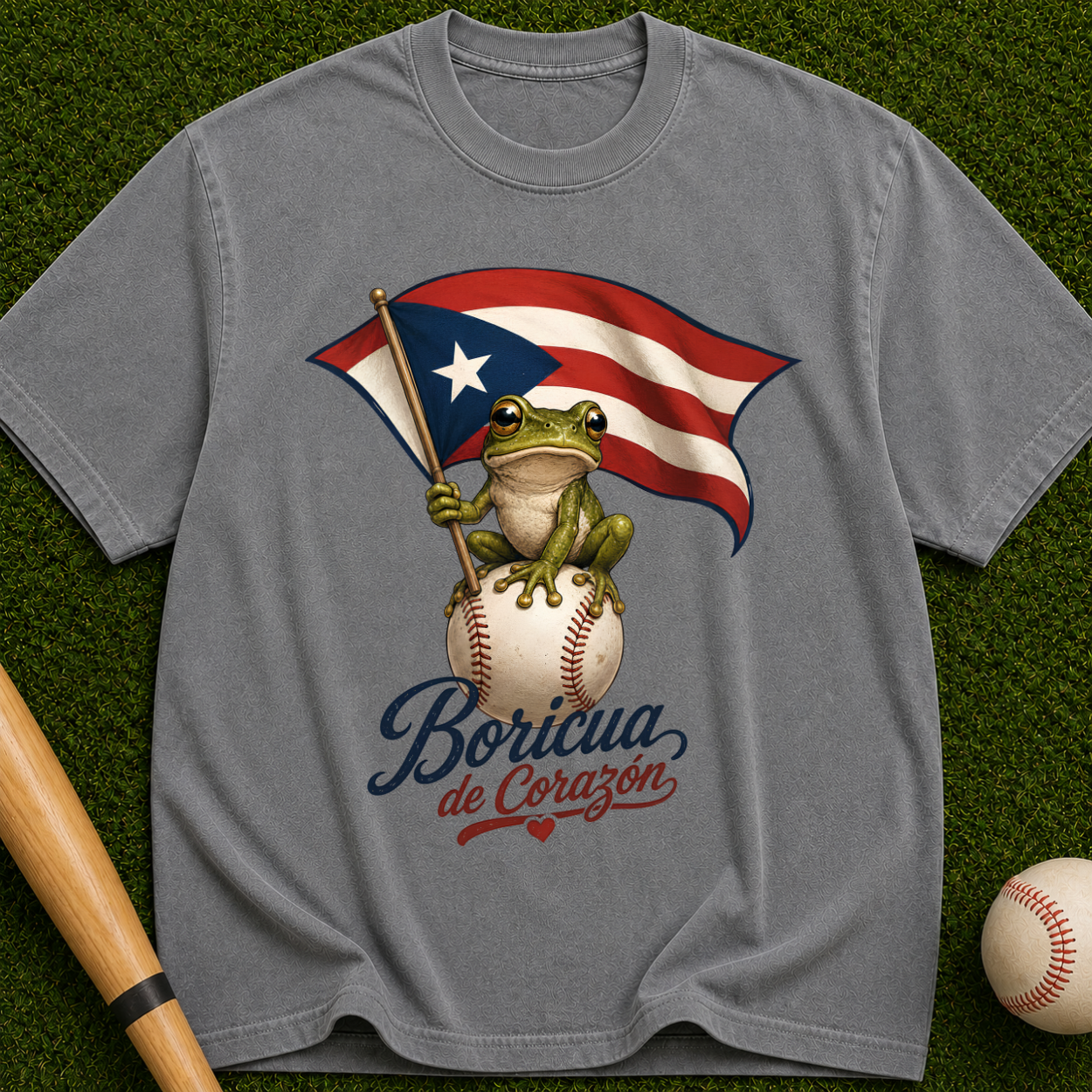 Boricua de Corazón T‑Shirt — Puerto Rican Flag Frog on Baseball
