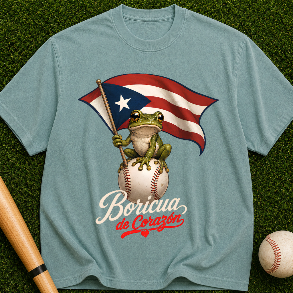 Boricua de Corazón T‑Shirt — Puerto Rican Flag Frog on Baseball