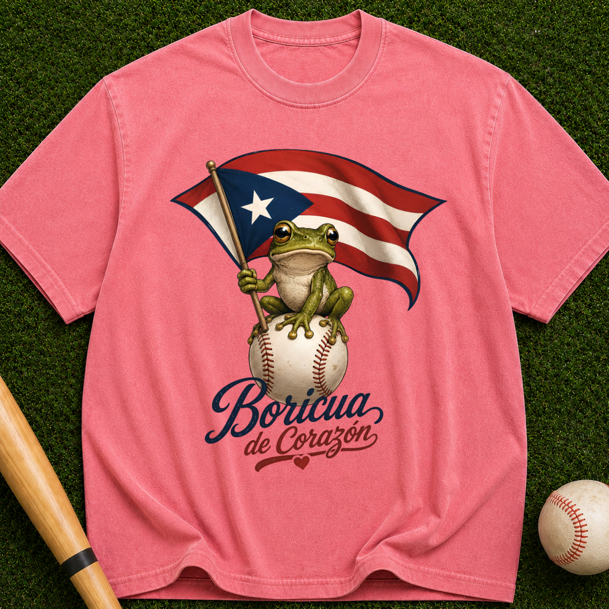 Boricua de Corazón T‑Shirt — Puerto Rican Flag Frog on Baseball