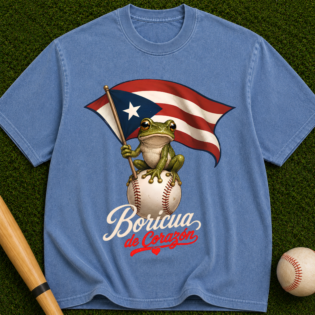 Boricua de Corazón T‑Shirt — Puerto Rican Flag Frog on Baseball