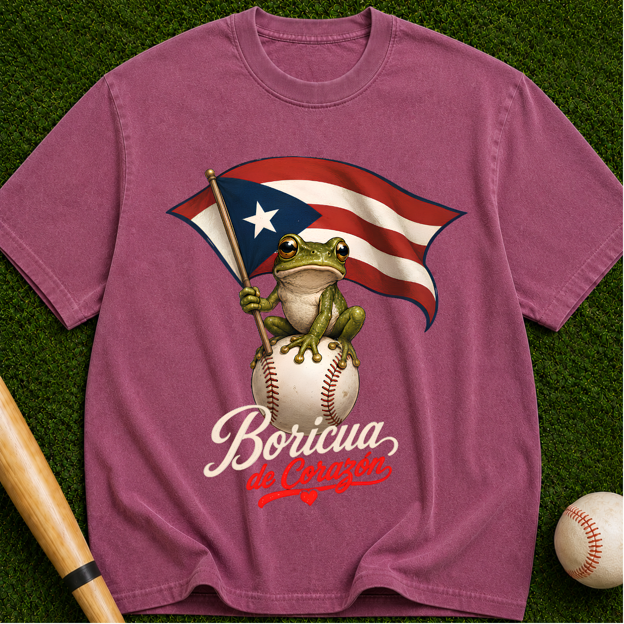 Boricua de Corazón T‑Shirt — Puerto Rican Flag Frog on Baseball