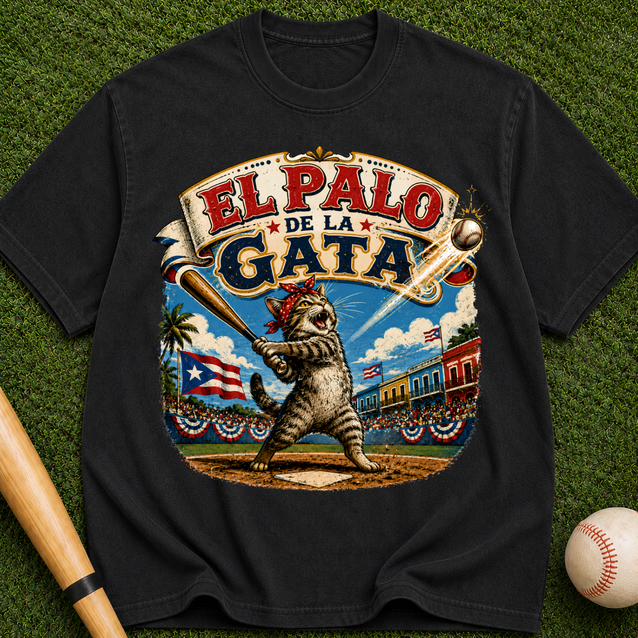El Palo de la Gata Vintage Graphic T-Shirt — Retro Cat Baseball Design