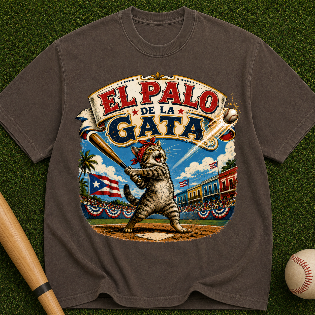 El Palo de la Gata Vintage Graphic T-Shirt — Retro Cat Baseball Design