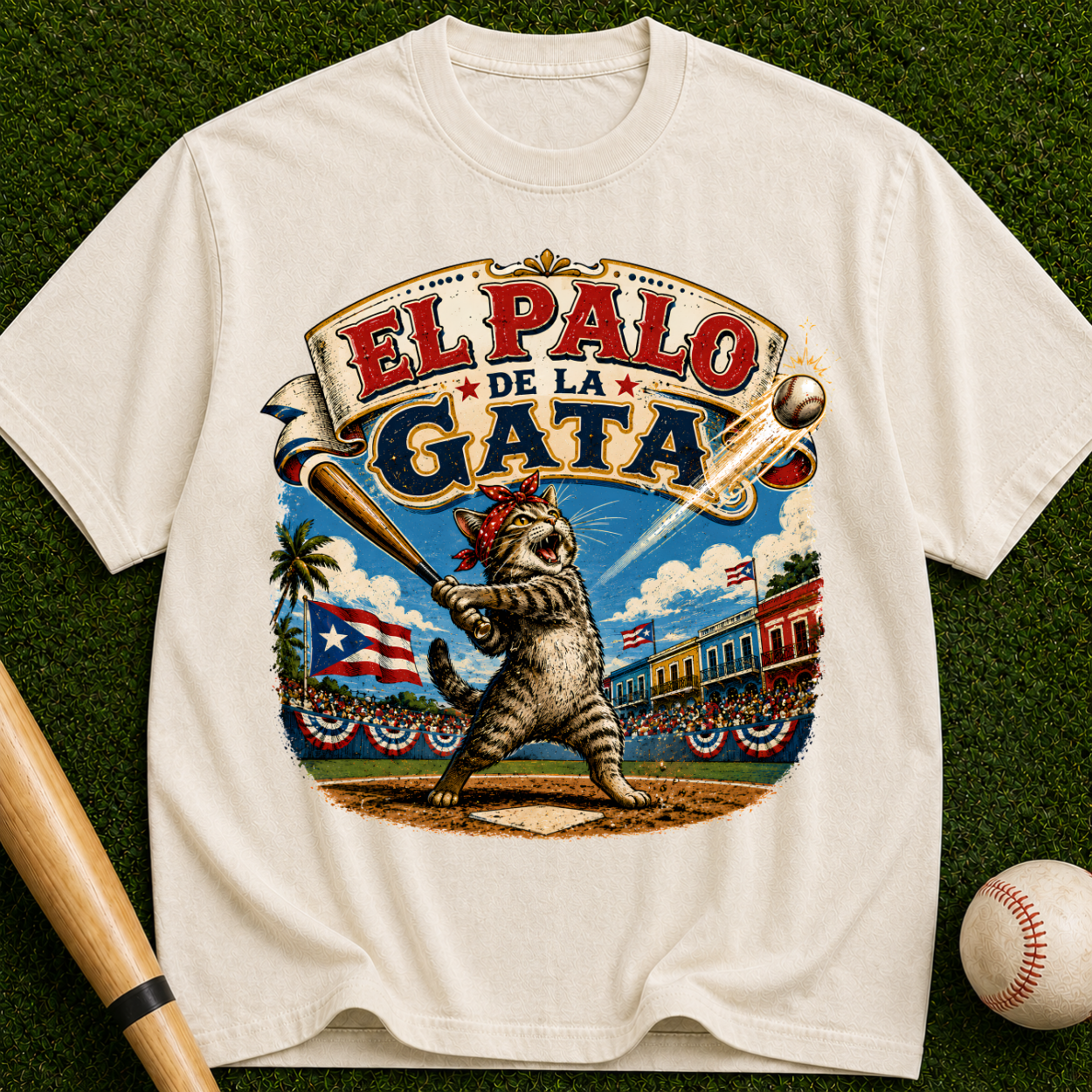 El Palo de la Gata Vintage Graphic T-Shirt — Retro Cat Baseball Design