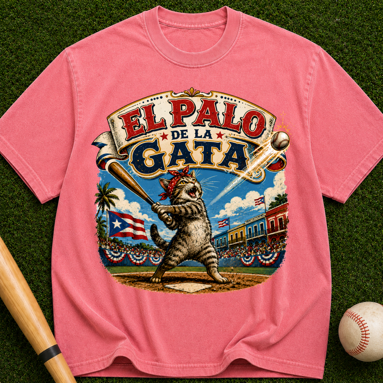El Palo de la Gata Vintage Graphic T-Shirt — Retro Cat Baseball Design
