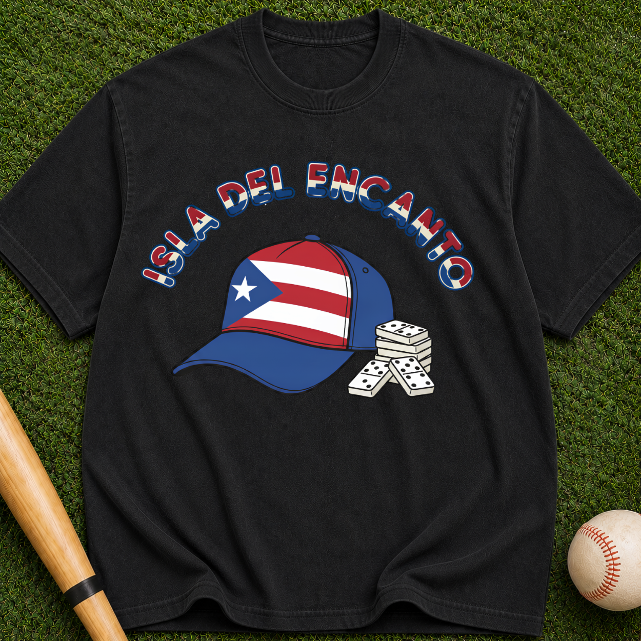 Isla del Encanto - Puerto Rico Flag Baseball Cap Graphic Tee