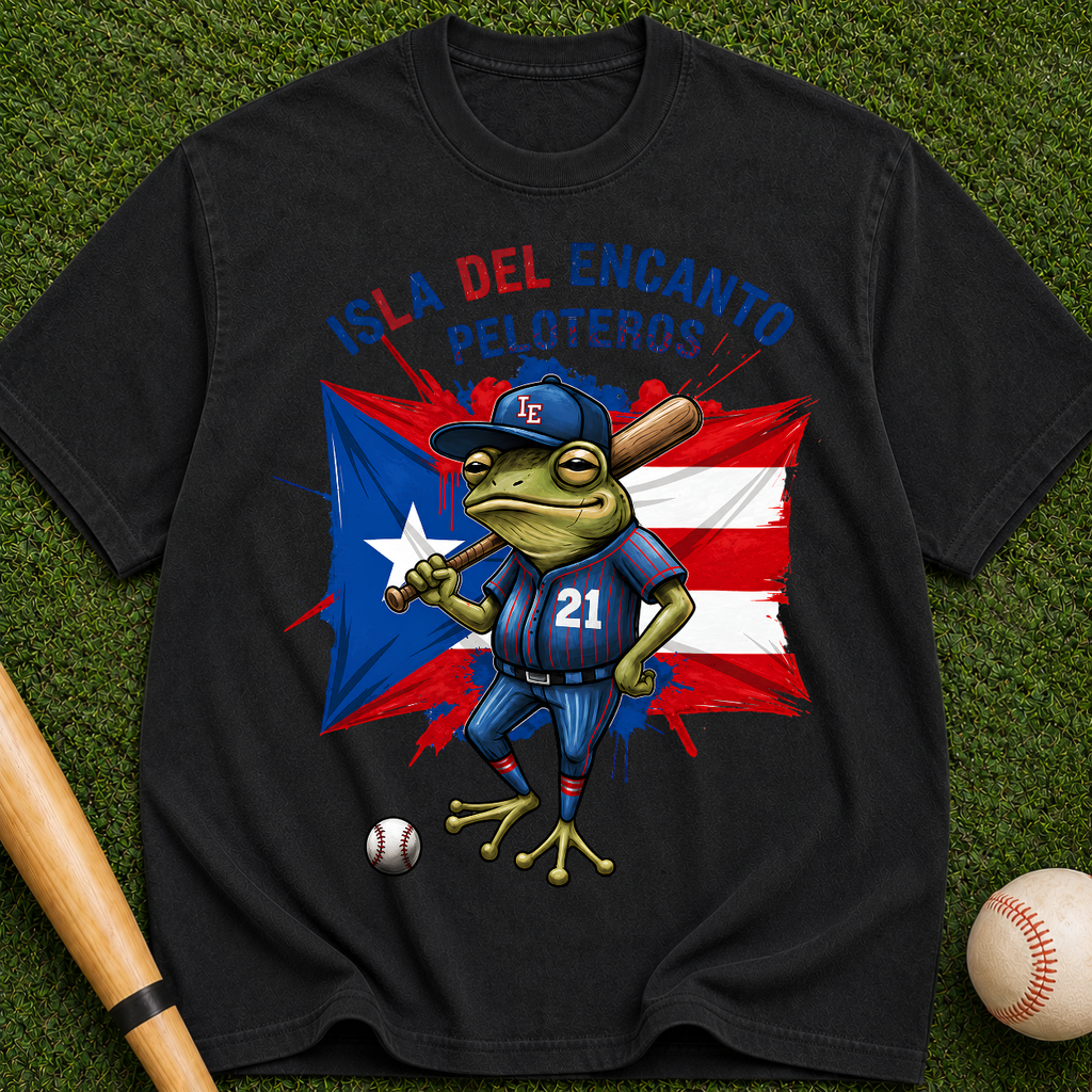 Peloteros Puerto Rico T-Shirt - Isla del Encanto Baseball Frog Design